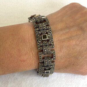 VTG Judith Jack Sterling Silver 925 Marcasite Black Onyx Panel Bracelet 7" 43g